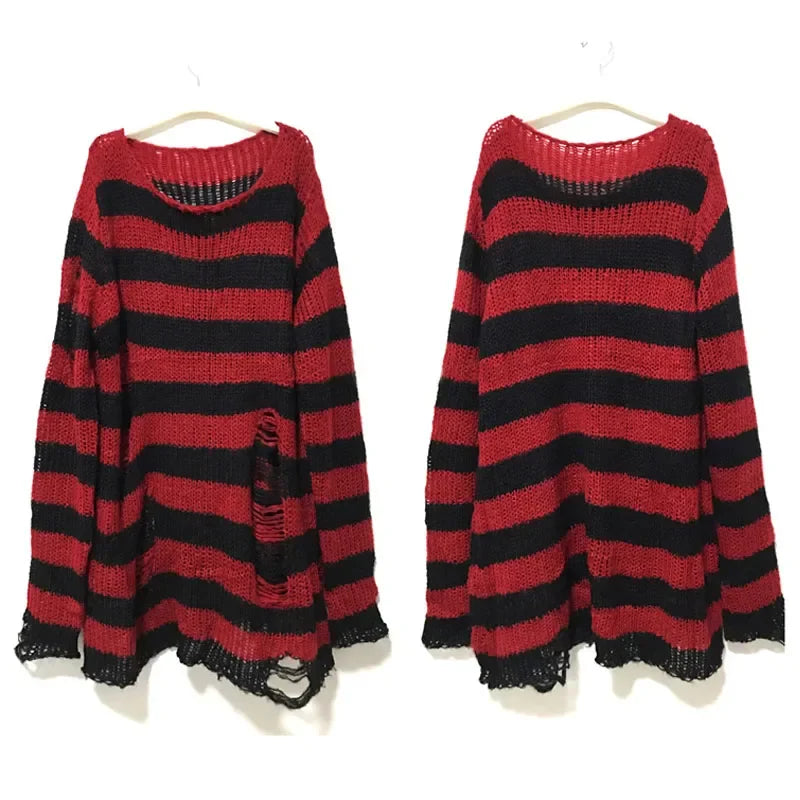 New Streetwear Top Punk Gothic Long Unisex Sweater Summer Women Striped Cool Hollow Out Hole Broken Jumper Loose Rock Thin Dark-belleandkai.com