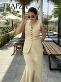 TRAFZA Summer Vests For Women V-Neck Chic Single Breasted Long Vest Top Female Casual Sleeveless Waistcoat Fashion Streetwear-belleandkai.com