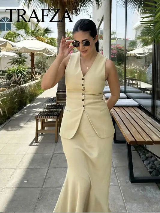 TRAFZA Summer Vests For Women V-Neck Chic Single Breasted Long Vest Top Female Casual Sleeveless Waistcoat Fashion Streetwear-belleandkai.com