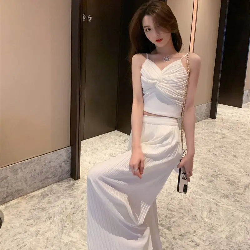 Wide Leg Pant Sets for Women 2 Pieces Aesthetic Korean Style Clothing Trend 2025 Cheap Classy Sales  Slings and Trousers Woman-belleandkai.com