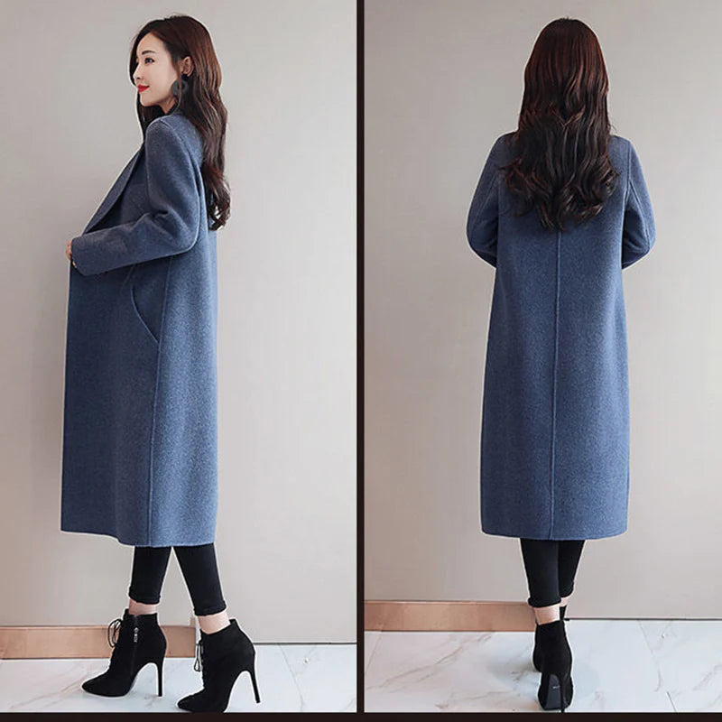 2024 Autumn Winter Women Vintage Coffee Blue Mid-Long Coat Jackets Female Concise Korean Style Loose Outside Thermal Woolen Coat-belleandkai.com
