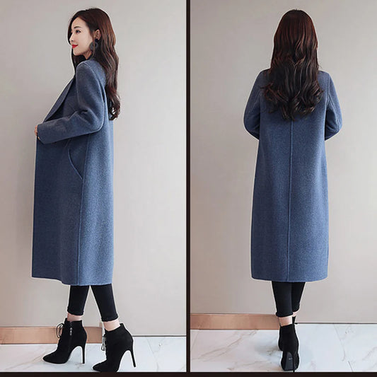 2024 Autumn Winter Women Vintage Coffee Blue Mid-Long Coat Jackets Female Concise Korean Style Loose Outside Thermal Woolen Coat-belleandkai.com