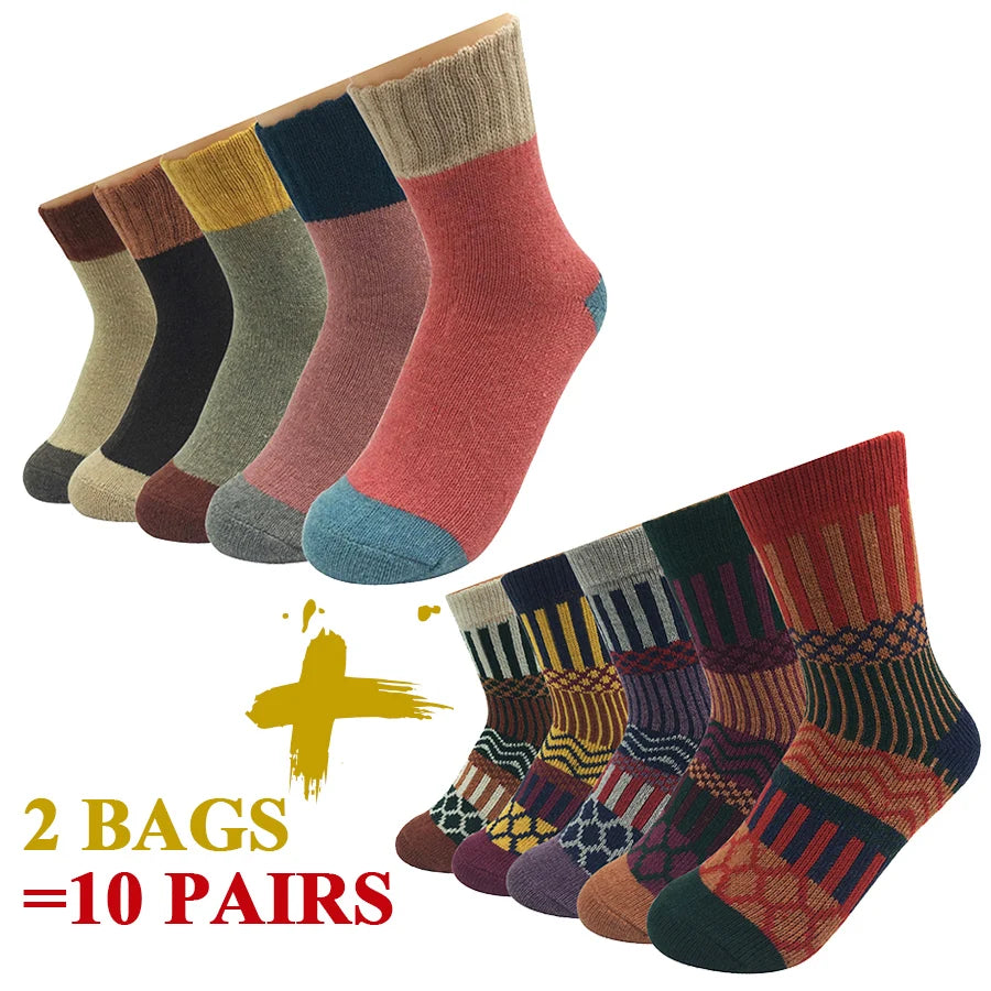5 Pairs/Lot Wool Socks Women Winter Japanese Harajuku  Bohemian Cashmere Warm Colorful Socks Ladies Girl Christmas Gift 5 Styles-belleandkai.com