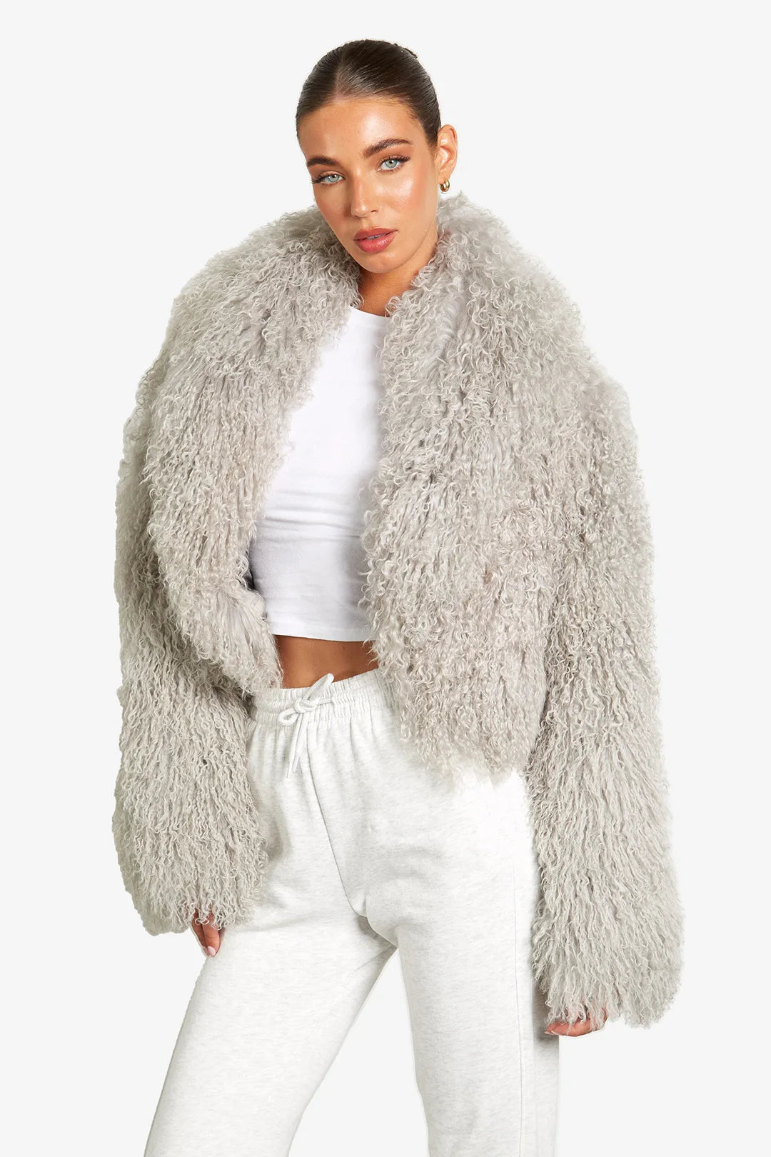 Women's Light gray Mongolian Fur Jacket – Real Sheepskin, Fluffy Short Coat, Winter Fashion Outerwear for Elegant Look-belleandkai.com