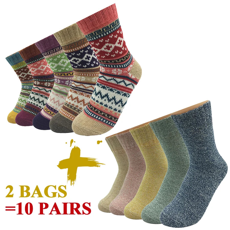 5 Pairs/Lot Wool Socks Women Winter Japanese Harajuku  Bohemian Cashmere Warm Colorful Socks Ladies Girl Christmas Gift 5 Styles-belleandkai.com