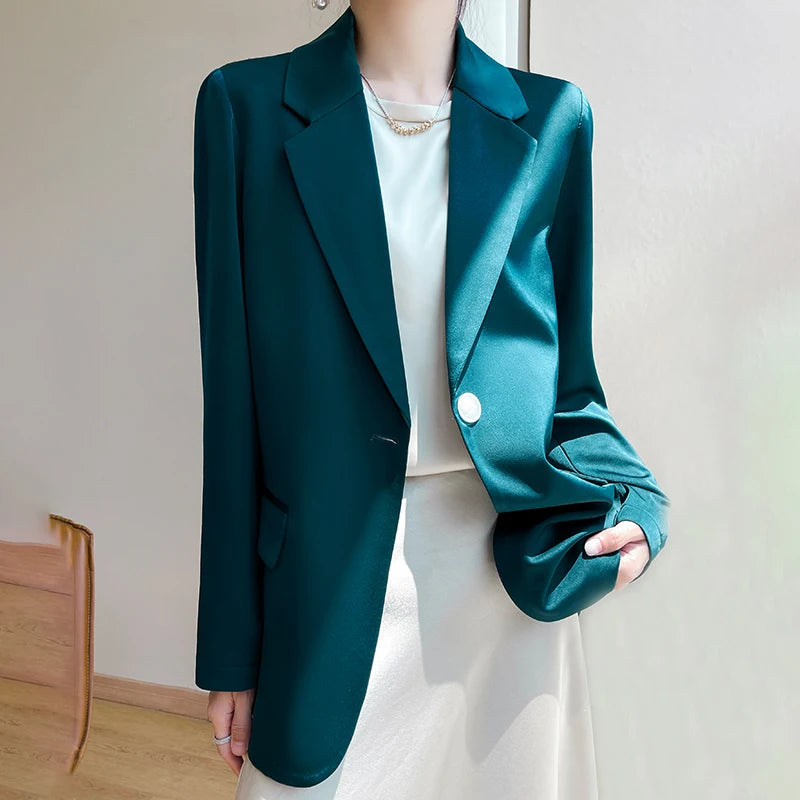 Women Blazers Spring Summer New Fashion Korean Silk Satin Suit V-neck Loose Top Jacket Single Button Suit Blazers Outerwear-belleandkai.com