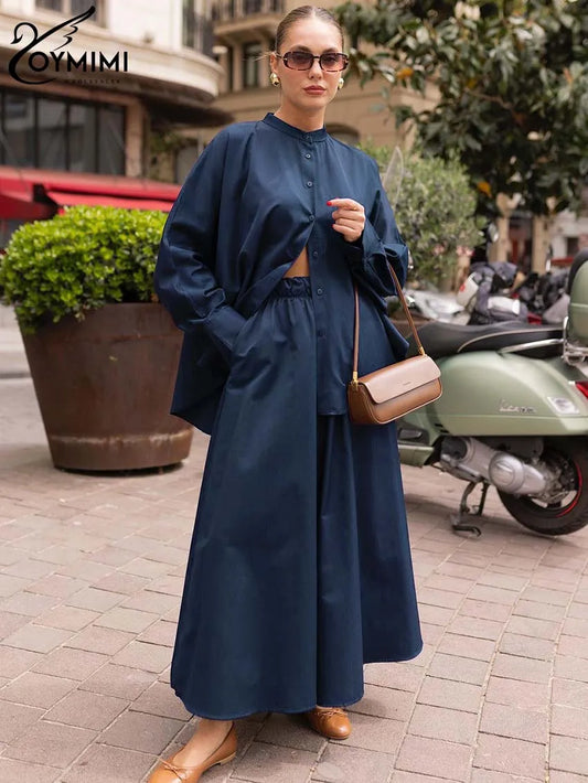 Oymimi Fashion Black Two Piece Set For Women Casual O-Neck Long Sleeve Button Shirts And High Waist Loose Pockets Trousers Sets-belleandkai.com