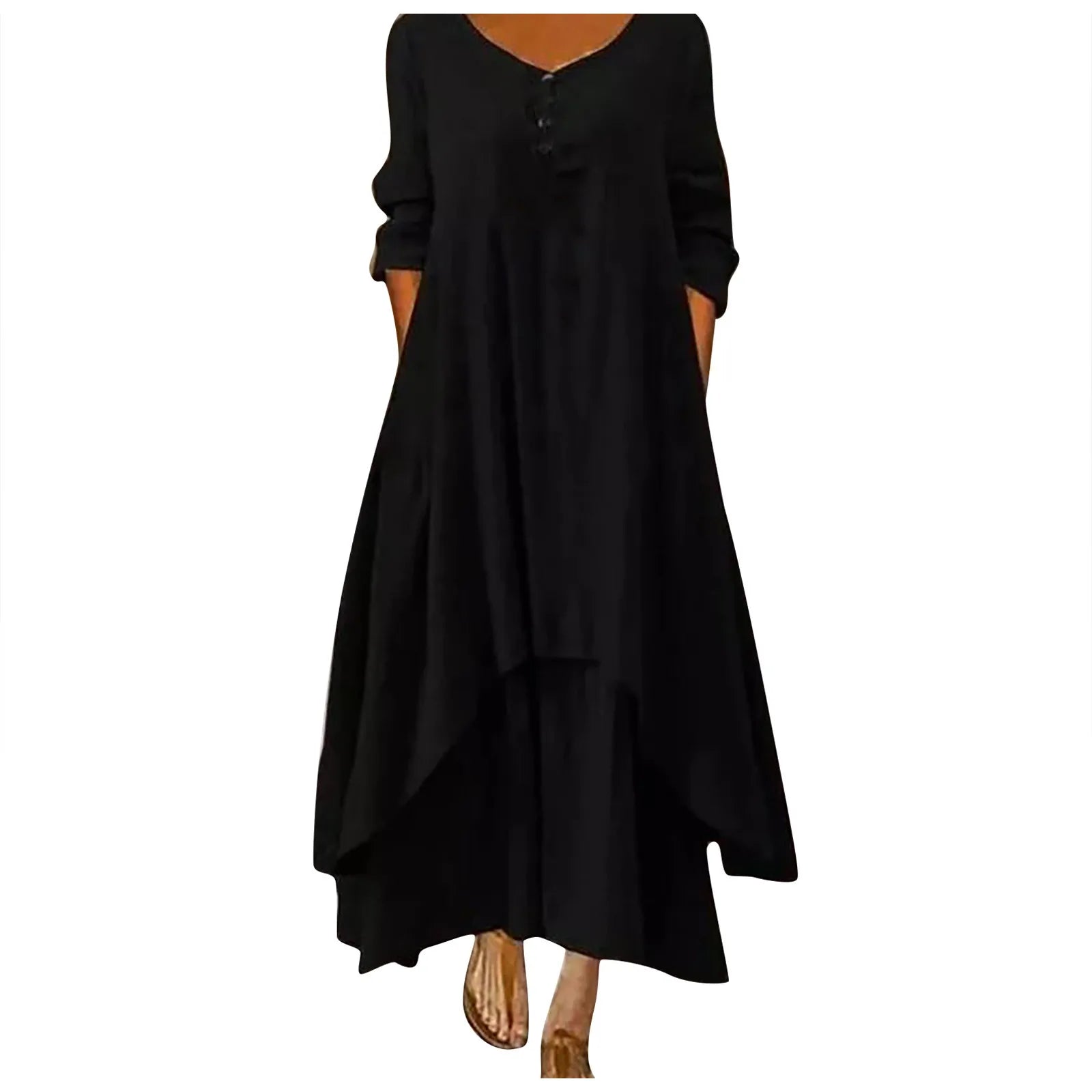 Cotton Women'S Casual Fashion Loose Long Dress With Button Solid Color Dresses-belleandkai.com
