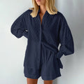 Women Jacquard Puff Sleeves Two Piece Sets for Summer Fashion Loose Shorts and Long Sleeved Shirt Outfits-belleandkai.com