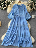 Summer New Retro Lace Patchwork Dress for Women Sweet V-neck Lantern Sleeves Loose A-line Length Vacation Beach Dress D05-belleandkai.com