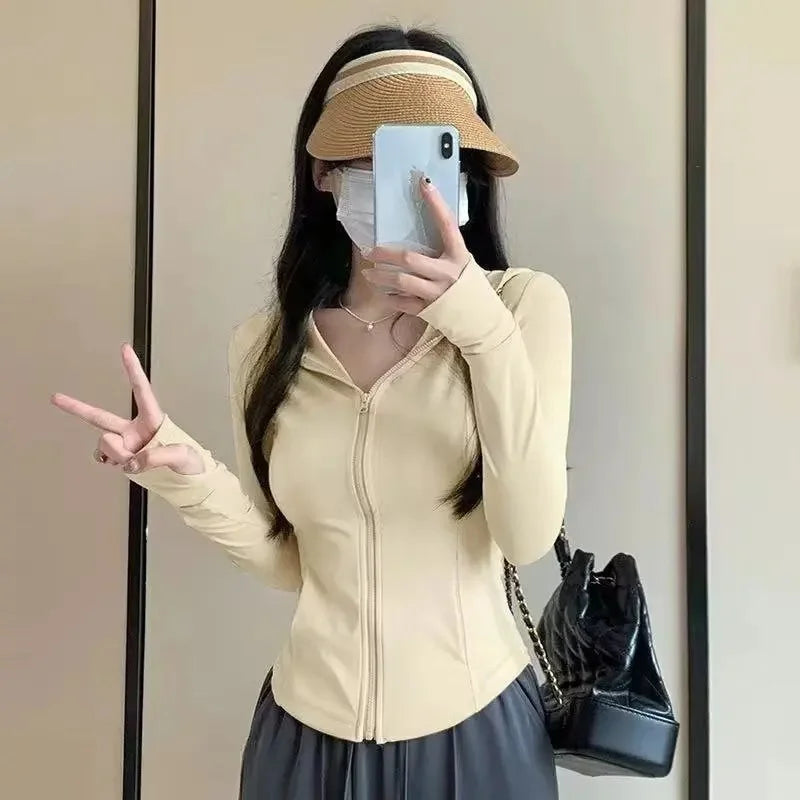 Women's Summer Zipper Sun Protection Clothing Slim Fit Yoga Jacket Hooded Light Weight Cross-Border UV Protection Open Cardigan-belleandkai.com