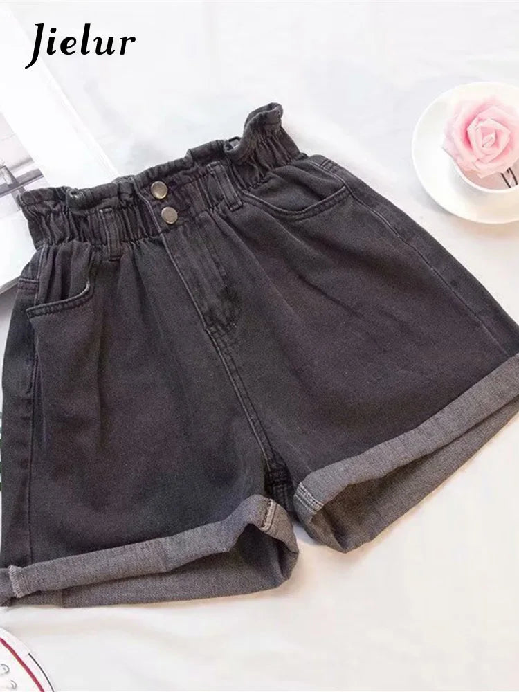 Jielur Summer Black Women Denim Shorts Women S-5XL Harem Ruffled White Blue High Waisted Shorts Female Elastic Short Jeans-belleandkai.com