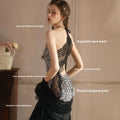 Fashion Leopard Print Neck Hanging Nightgown for Women Sexy Lace Backless Slit Sleepwear Luxury  Nightgown Set   Sexy Nightdress-belleandkai.com