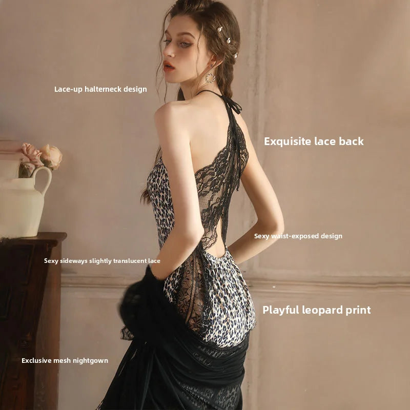 Fashion Leopard Print Neck Hanging Nightgown for Women Sexy Lace Backless Slit Sleepwear Luxury  Nightgown Set   Sexy Nightdress-belleandkai.com