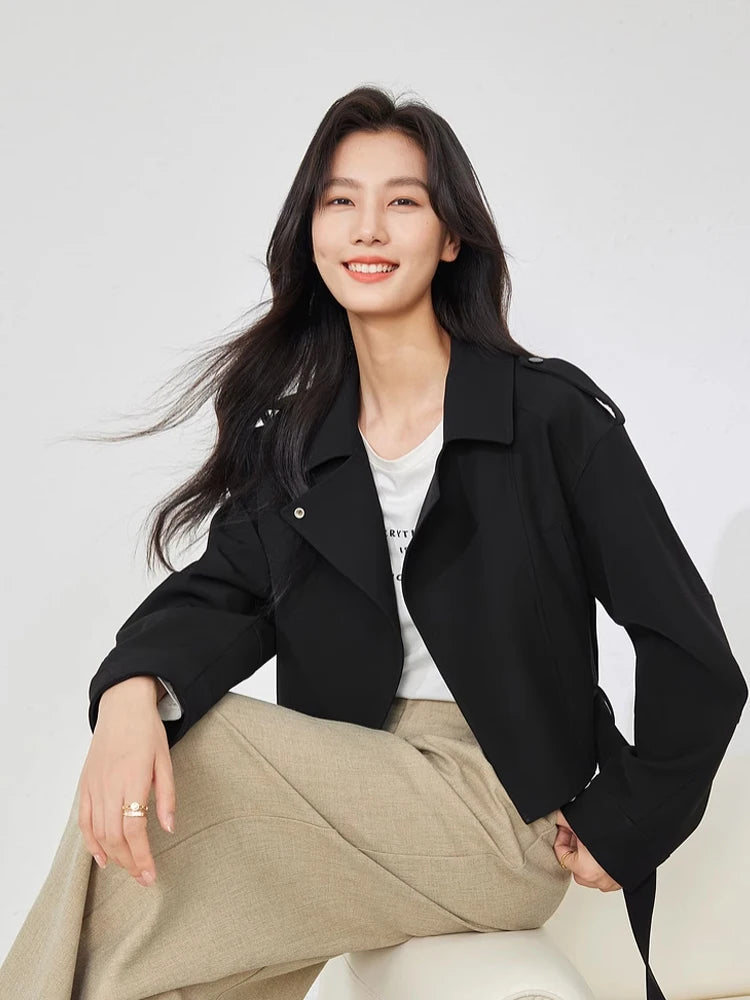Vimly Light Khaki Crop Trench Coat Lapel Tie Belt Women's Windbreaker 2025 Spring Fashion Casual Loose Long Sleeve Jacket 16218-belleandkai.com