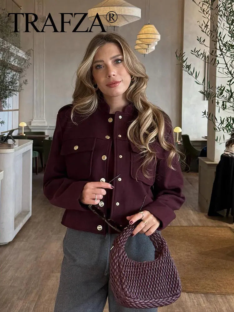 Women Vintage Wine Red Coat O Neck Long Sleeve Single Breasted Jacket With Pockets Autumn Casual Office Lady Outerwear-belleandkai.com