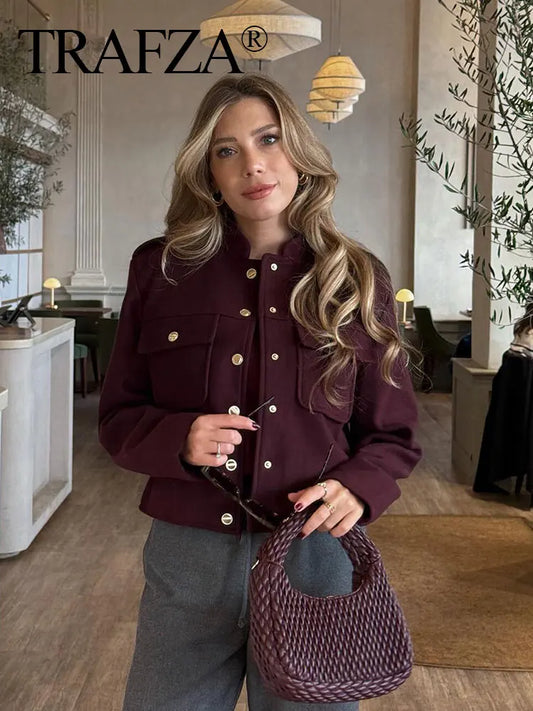Women Vintage Wine Red Coat O Neck Long Sleeve Single Breasted Jacket With Pockets Autumn Casual Office Lady Outerwear-belleandkai.com