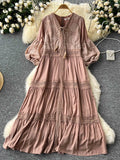 Summer New Retro Lace Patchwork Dress for Women Sweet V-neck Lantern Sleeves Loose A-line Length Vacation Beach Dress D05-belleandkai.com