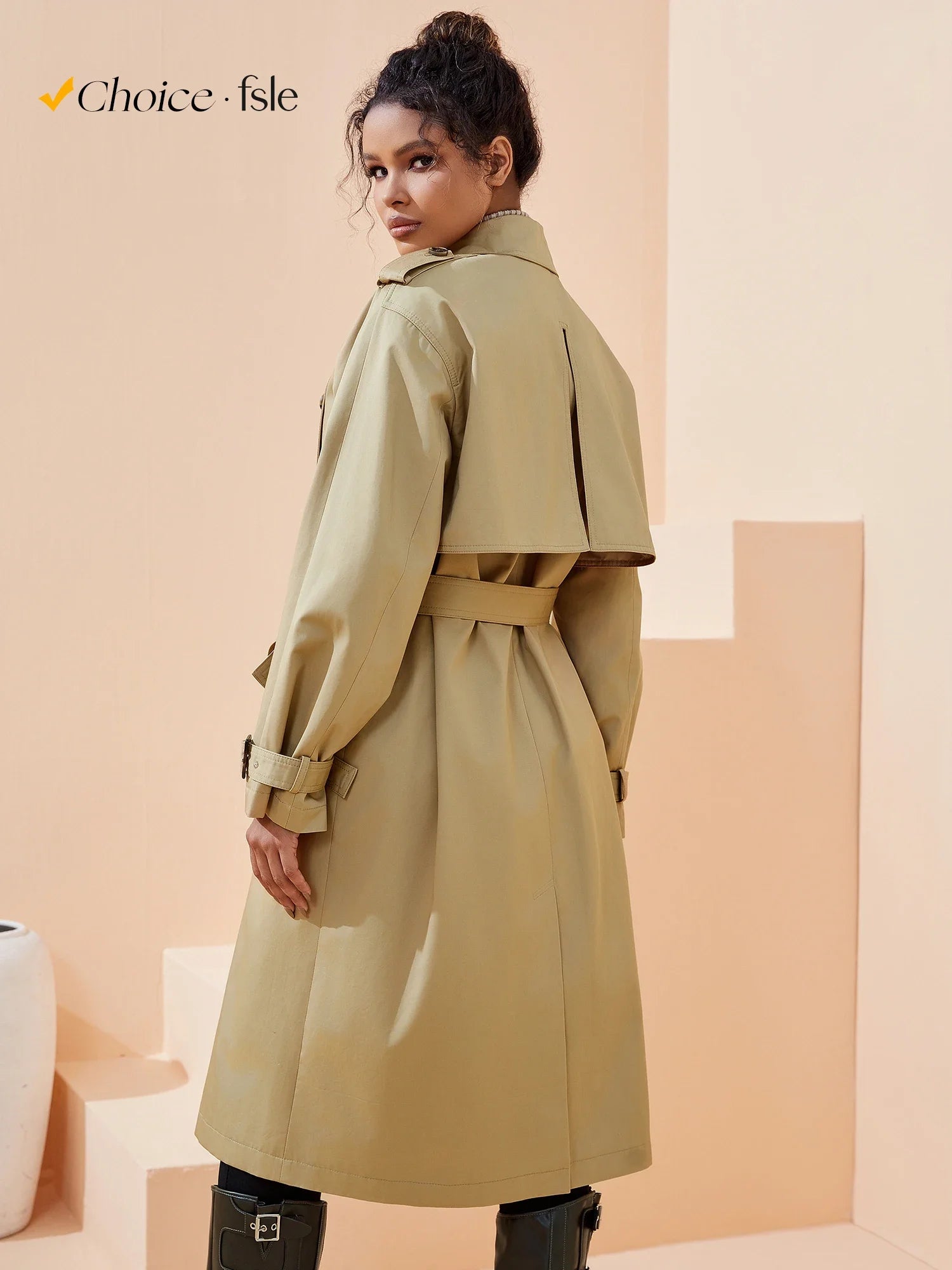 FSLE Women Trench Khaki Autumn Long Trench Coats Turn Down Collar Full Sleeve 100% Cotton Women Oversized Trench 24FS11325-belleandkai.com