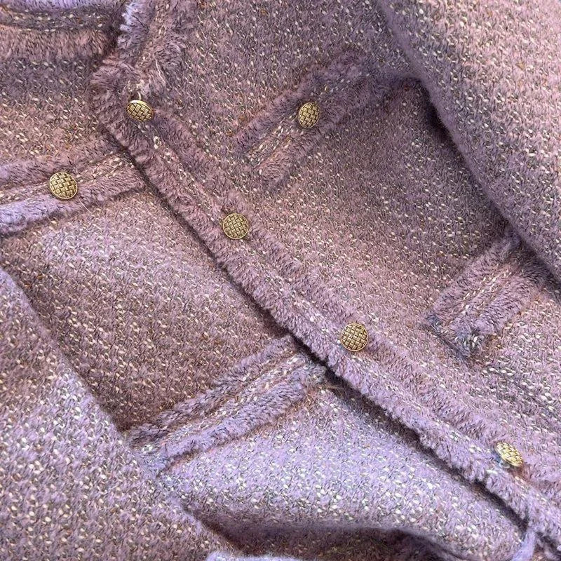 Purple Tweed Jacket Women Vintage O-Neck Metal Single Breasted Cropped Coat Autumn Winter Korean Style Elegant Jackets for Women-belleandkai.com