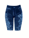 3-Piece Set Of Lily Flowers New Fashionable Denim Inspired Slim Fitting Shorts Women's Casual Leggings High Elasticity-belleandkai.com