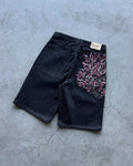 Y2k Street Men Women Double Waisted Retro Rhinestone Denim Shorts Gem Stones Embroidered Jeans Hip Hop Baggy Over The Knee Jorts-belleandkai.com