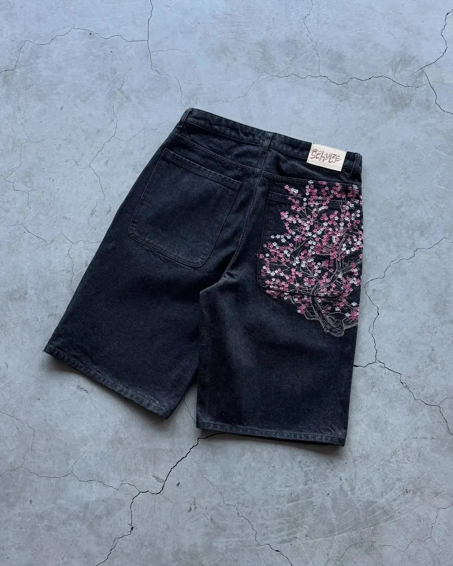 Y2k Street Men Women Double Waisted Retro Rhinestone Denim Shorts Gem Stones Embroidered Jeans Hip Hop Baggy Over The Knee Jorts-belleandkai.com