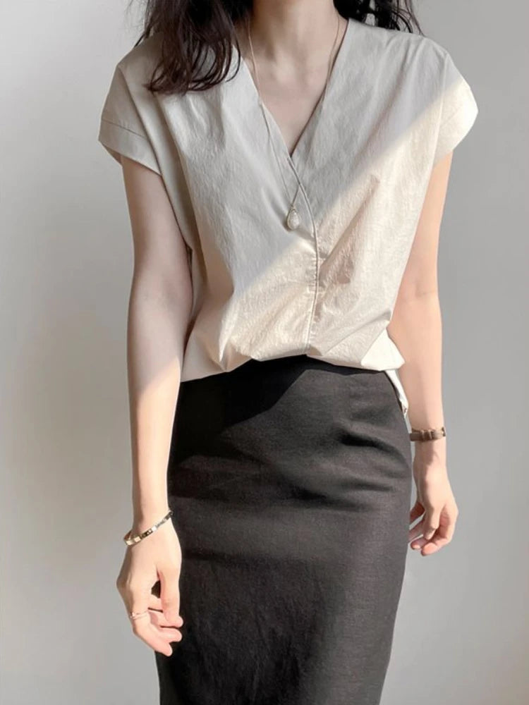 Shirts & Blouses For Women Half Sleeve Summer Loose Button Up Woman Top V Neck Simple Cheap Stylish Offer Aesthetic Hot Xl S Xxl-belleandkai.com