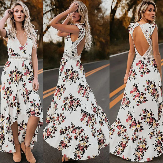 Mode Vrouwen Mouwloze Bloemenprint Onregelmatige Zoom Backless Lange Tank Jurk Backless Onregelmatige Grote Zoom Bloemenprint Ju-belleandkai.com