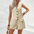 Summer Women Elegant Solid Waistcoat Shorts Set 2024 Sleeveless Vest Top+High Waist Slim Shorts Lady Office Casual 2 Pieces Set-belleandkai.com