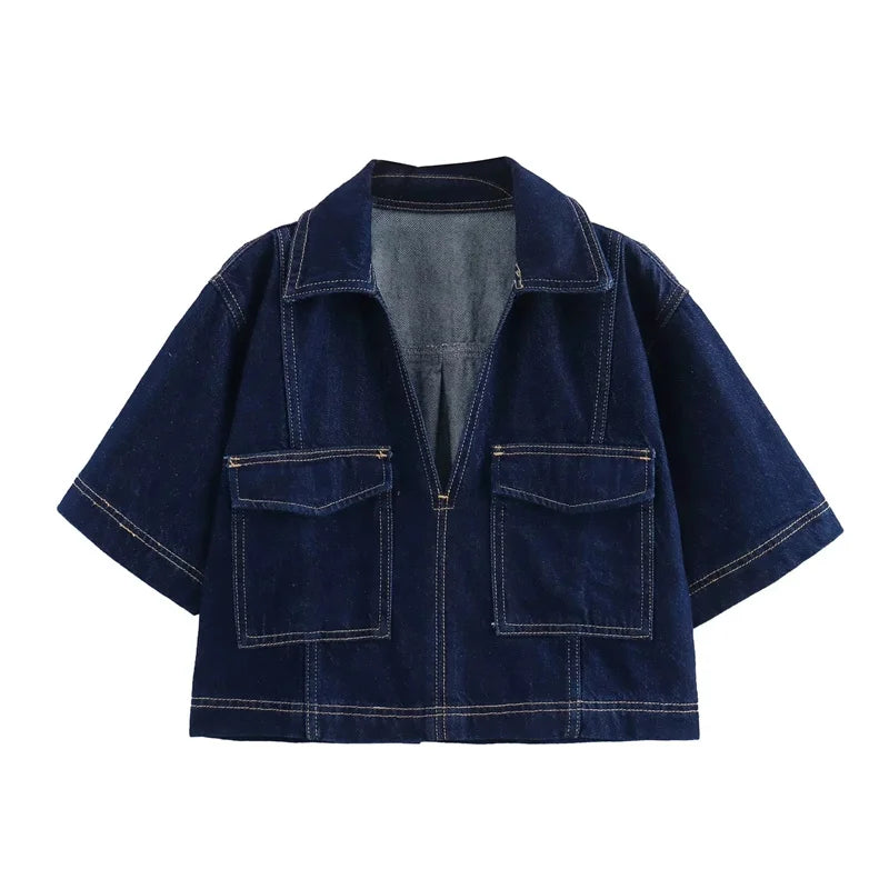 TRAF Blue Denim Shirt Woman Short Sleeve Cropped Shirt Women Summer Short Tops Woman Streetwear Y2k Stylish Women's Blouse-belleandkai.com