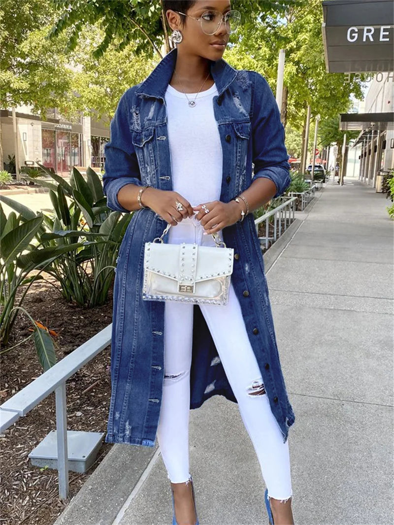 New Arrival Fashion Hole Cotton Autnmn Winter Long Denim Jacket 2023 Trench Coat Cardigan Jeans Cape Women Long Sleeve Jean Coat-belleandkai.com