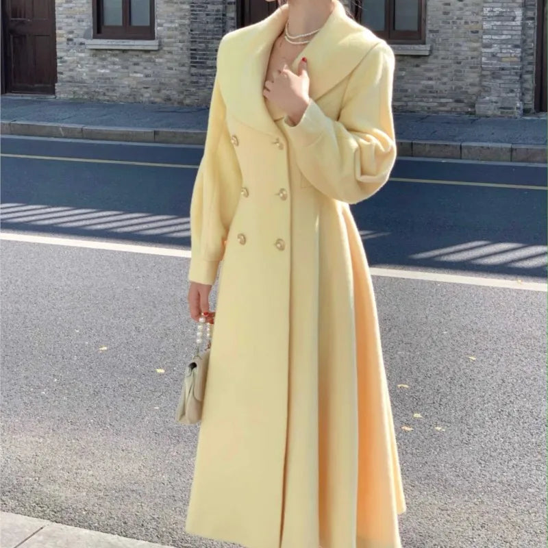 Fashion Women's Long Coats Winter New Outerwear Lapel Double Breasted Lantern Sleeve Solid Vintage Chic Woolen Overcoats-belleandkai.com