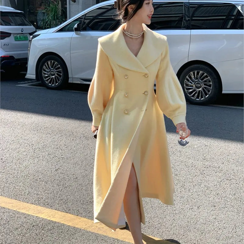 Fashion Women's Long Coats Winter New Outerwear Lapel Double Breasted Lantern Sleeve Solid Vintage Chic Woolen Overcoats-belleandkai.com