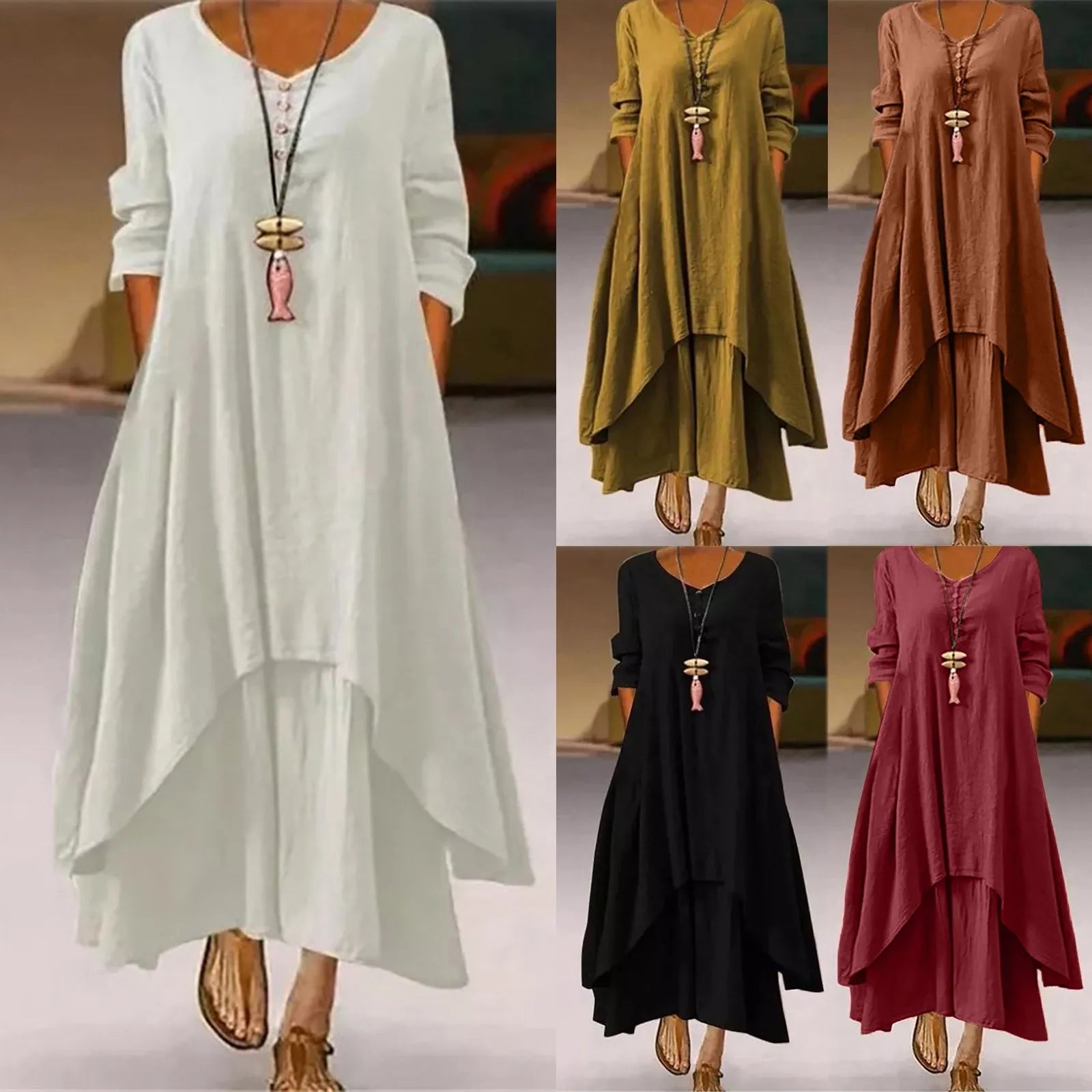 Cotton Women'S Casual Fashion Loose Long Dress With Button Solid Color Dresses-belleandkai.com