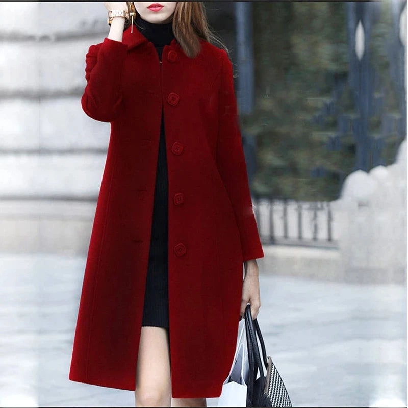 New Fashion British Solid Button Wool Coat Women Long Sleeve Jackets Woman Elegant Pocket Slim Outfit Mujer-belleandkai.com