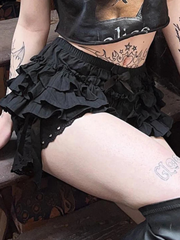 AltGoth Mall Goth Lolita Lace Shorts Women Aesthetic Cute Sweet Bow Patchwork Shorts Y2k E-girl Emo Alternative Kawaii Outfits-belleandkai.com
