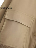 Willshela Women Fashion Solid Bomber Jackets Coat With Pockets V-Neck Single Breasted Long Sleeves Female Chic Lady Outfits-belleandkai.com