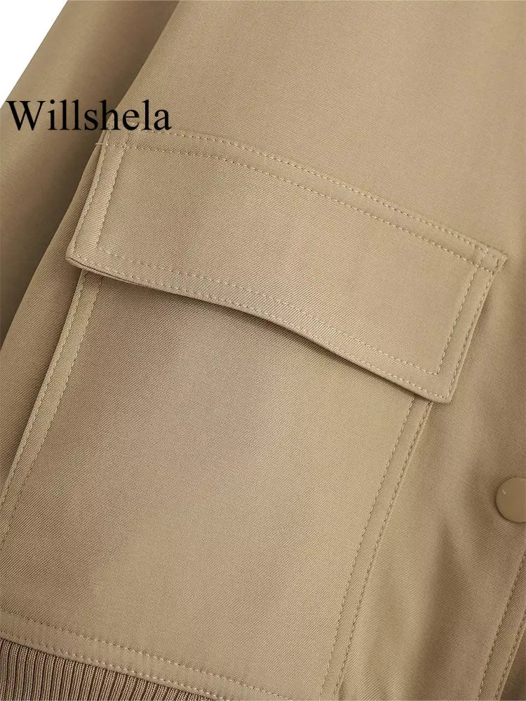 Willshela Women Fashion Solid Bomber Jackets Coat With Pockets V-Neck Single Breasted Long Sleeves Female Chic Lady Outfits-belleandkai.com