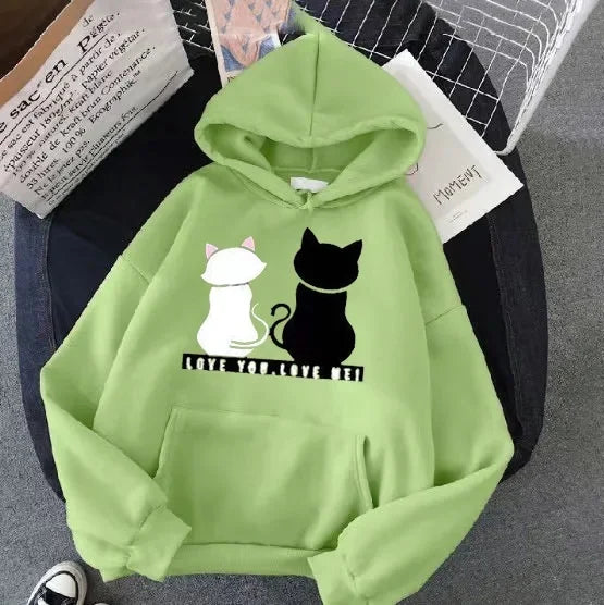 Women's Fleece Lined Hoodie Casual Cartoon Cat Print Oversize Loose Fit Autumn Winter Top Fashion Comfortable Streetwear-belleandkai.com