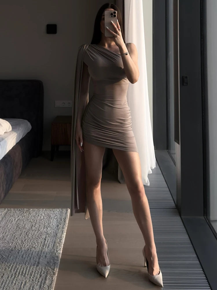 Mozision Oblique Shoulder Backless Sexy Mini Dress Women Robe Summer Fashion Irregular Sleeveless High Waist Beach Club Dress-belleandkai.com