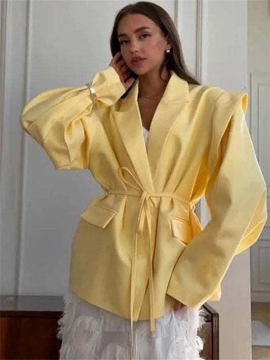 Tossy Elegant Commute Suit jacket Female Lace-Up Loose Pocket Patchwork Lapel Party Looks Outwear For Women Bandage Coat jacket-belleandkai.com