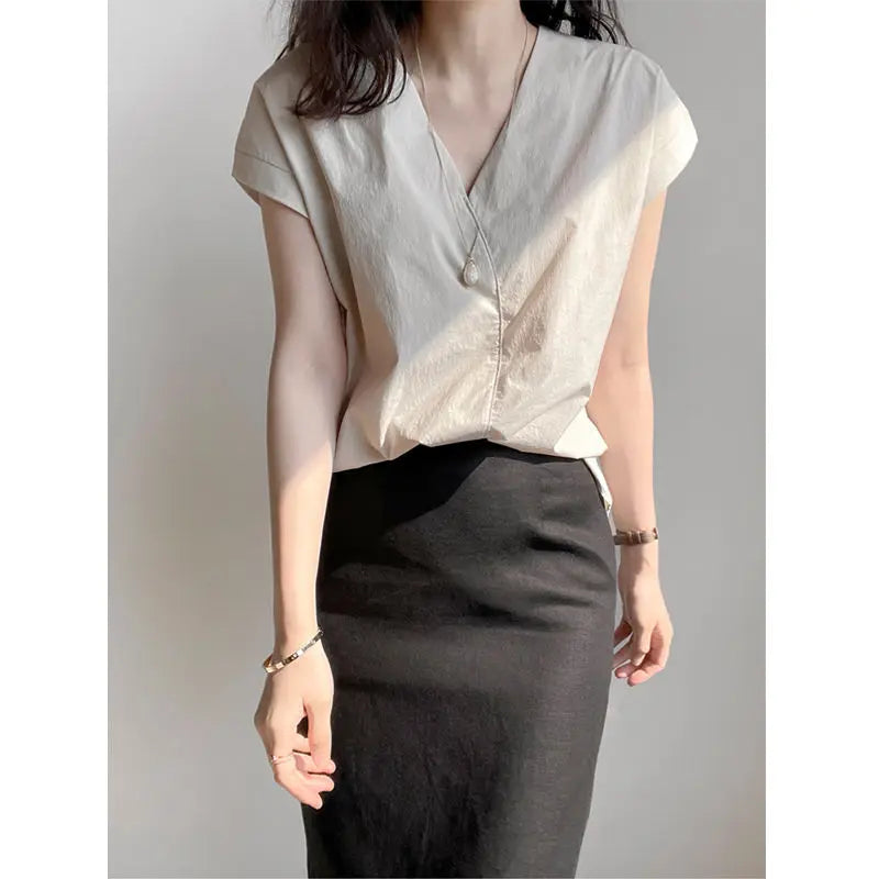 Shirts & Blouses For Women Half Sleeve Summer Loose Button Up Woman Top V Neck Simple Cheap Stylish Offer Aesthetic Hot Xl S Xxl-belleandkai.com