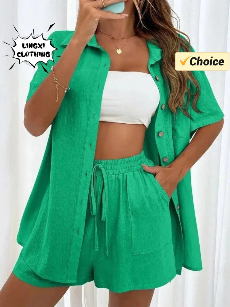2024 Summer Fashion Sports Casual Cotton Linen Two Piece Set for Women's Single Breasted Shirt Elastic Waist Short Two Piece Set-belleandkai.com