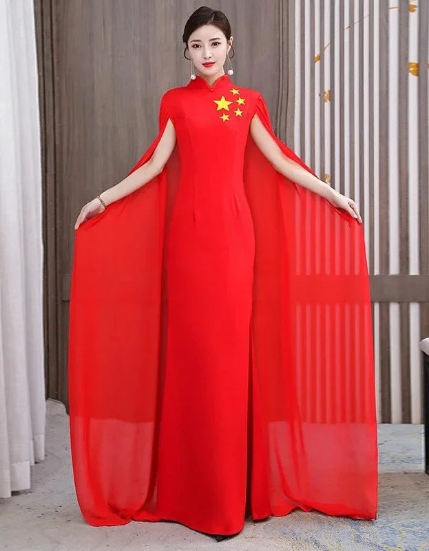 Elegant Chinese Style Cheongsam Evening Gown with Shawl for Women Stage Performance Costume New Hot Sale Of The Season Trend Mod-belleandkai.com