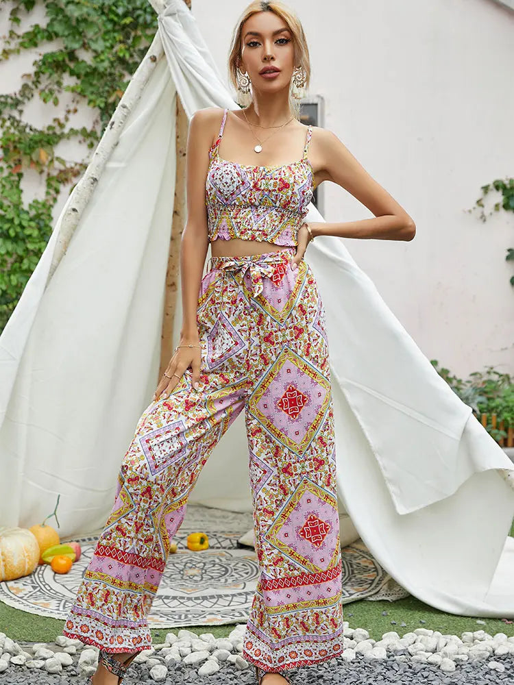 TRAFZA Summer Women Boho Two Piece Print Outfits Strap Sleeveless Tops High Waist Drawstring Trousers Holiday Beach Lady Sets-belleandkai.com