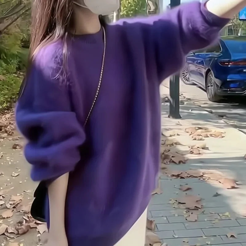 Purple Sweater Top Women's Autumn  Winter Plush Fluffy Soft Loose Hair Pullover Sweater Jumper Streetwear Y2k-belleandkai.com