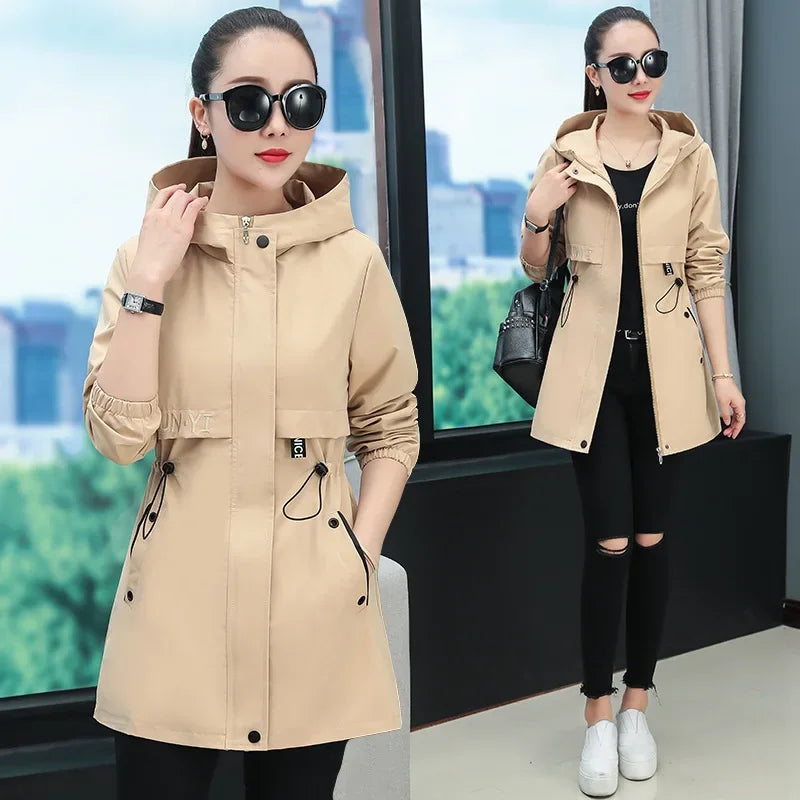 Hooded Coat Jacket for Middle-Aged Mothers Loose Elastic Waist Spring Autumn Zipper Open Cardigan Style Women's Clothing-belleandkai.com