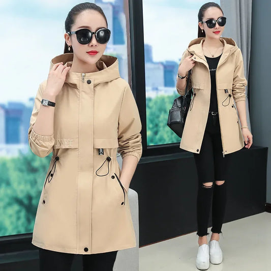 Hooded Coat Jacket for Middle-Aged Mothers Loose Elastic Waist Spring Autumn Zipper Open Cardigan Style Women's Clothing-belleandkai.com
