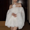 WhereMery Off Shoulder Elegant Mesh Backless Appliques Halter A-line Solid Mini Dress Y2K Summer Casual Party New Women Vestidos-belleandkai.com